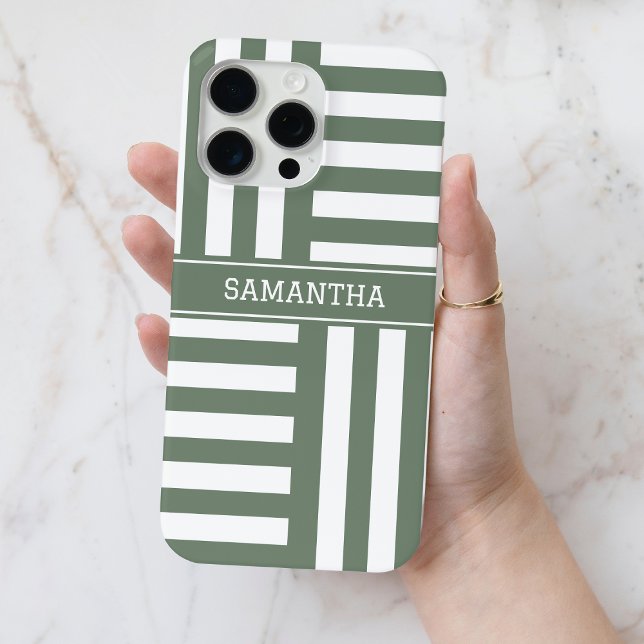 Personalisierter Name Olive Green White Stripes Ch Case-Mate iPhone Hülle (Personalized Name Olive Green White Stripes Chic Case-Mate iPhone Case)