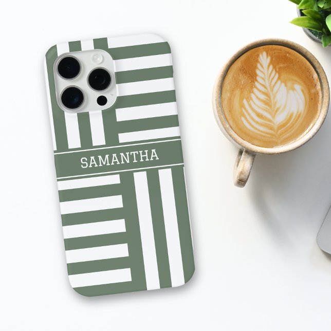 Personalisierter Name Olive Green White Stripes Ch Case-Mate iPhone Hülle (Von Creator hochgeladen)