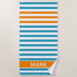Personalisierter Name Orange Blue White Multi Stri Strandtuch
