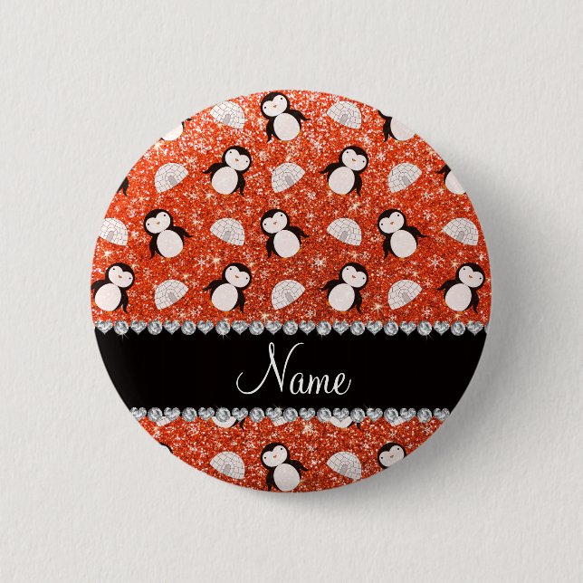 Personalisierter Name Orange Glitzer Pinguine Iglu Button (Vorderseite)