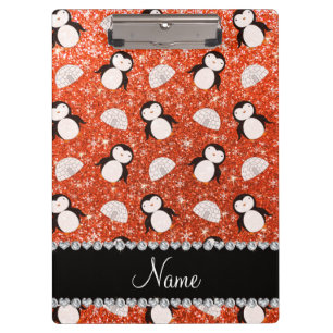Personalisierter Name Orange Glitzer Pinguine Iglu Klemmbrett