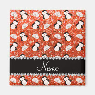 Personalisierter Name Orange Glitzer Pinguine Iglu Magnet
