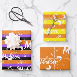 Personalisierter Name Orange Halloween Girl Whimsi Geschenkpapier Set