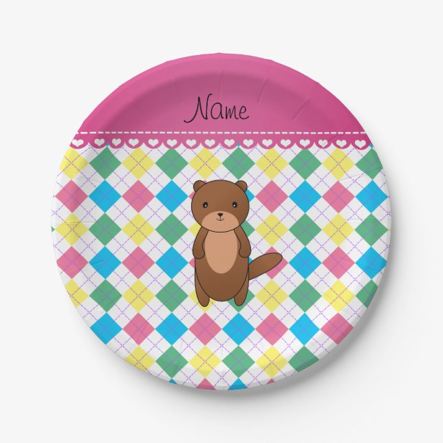 Personalisierter Name Otter Regenbogen Raute Pappteller (Vorderseite)