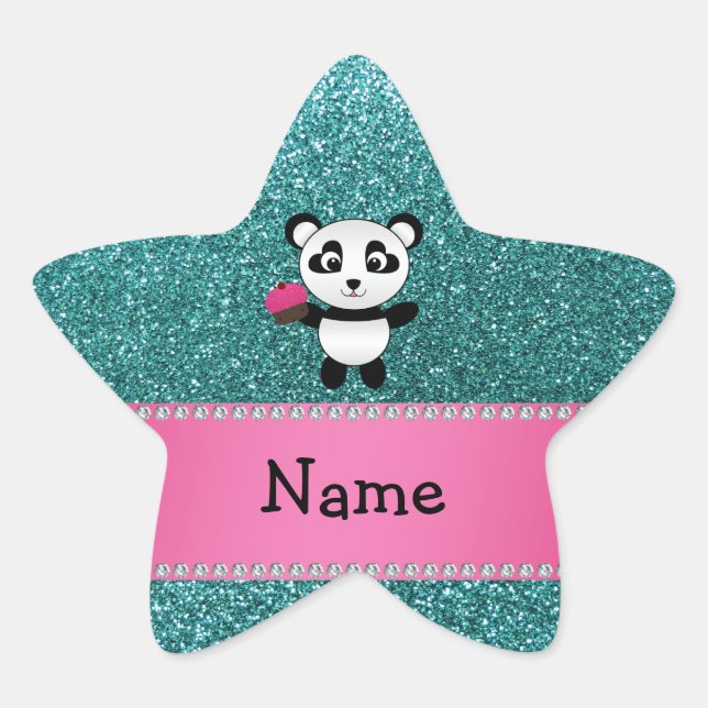 Personalisierter Name Panda cupcake türkis Glitzer Stern-Aufkleber (Vorderseite)
