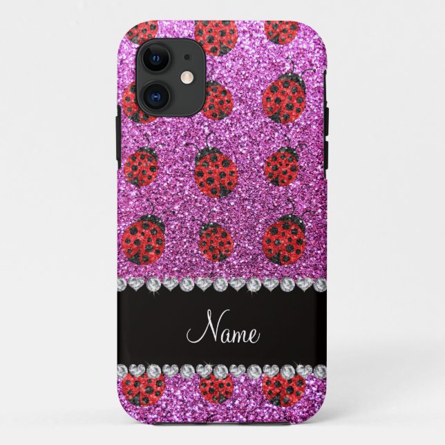 Personalisierter Name Pastel lila Glitzer ladybug Case-Mate iPhone Hülle (Rückseite)