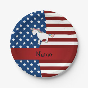 Personalisierter Name Patriotic unicorn Pappteller