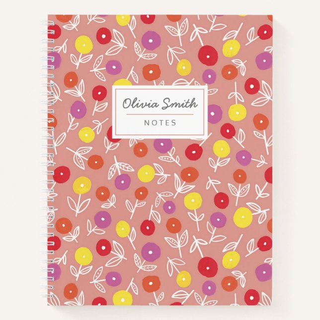 Personalisierter Name Peach floral Muster Notizbuch (Vorderseite)