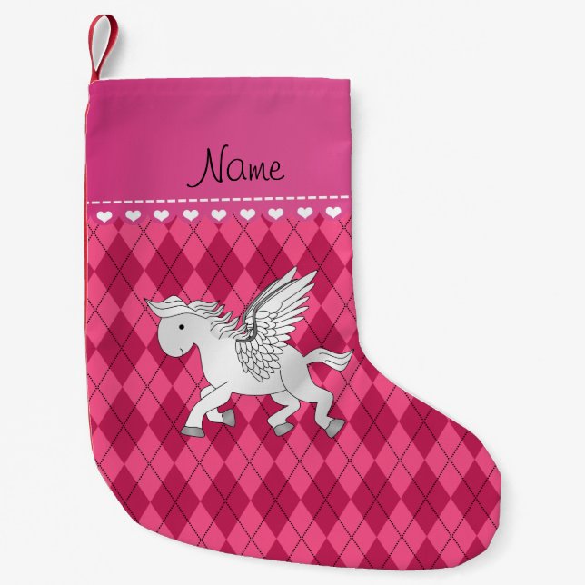 Personalisierter Name Pegasus pink Raute Kleiner Weihnachtsstrumpf (Vorderseite)