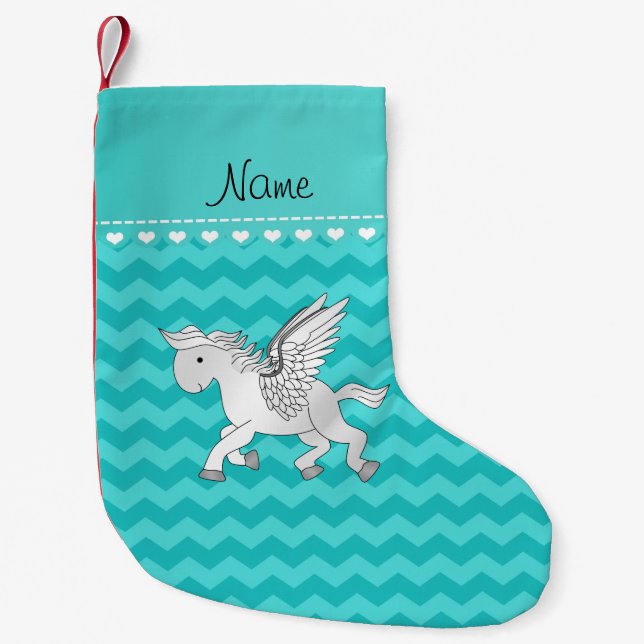 Personalisierter Name Pegasus türkis Chevrons Kleiner Weihnachtsstrumpf (Vorderseite)