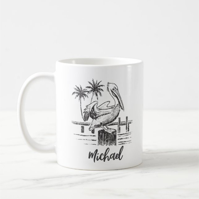 Personalisierter Name Pelican auf einem Palmenbaum Kaffeetasse (Links)
