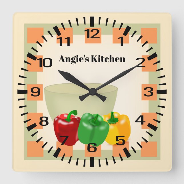 Personalisierter Name Pepper Veggie Bowl Kitchenuh Quadratische Wanduhr (Vorderseite)