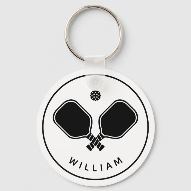 Personalisierter Name Pickleball Weiß und Schwarz Schlüsselanhänger (Vorderseite)