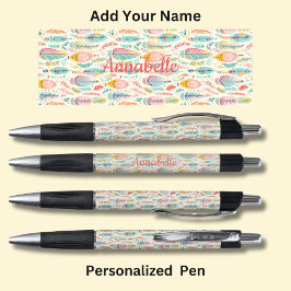 Personalisierter Name, Pink Aqua Boho Feathers Kugelschreiber