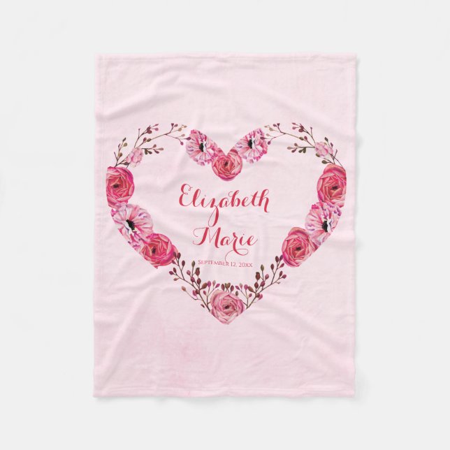 Personalisierter Name Pink Baby Girl Floral Monogr Fleecedecke (Vorderseite)