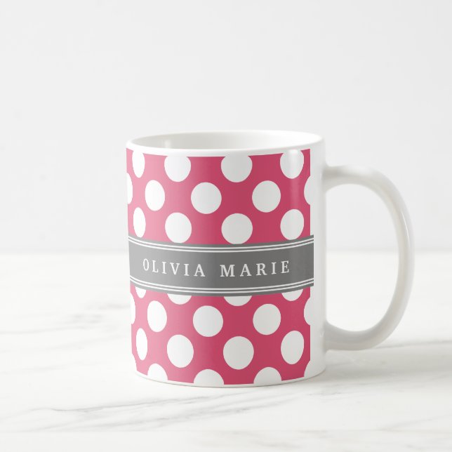 Personalisierter Name Pink Polka Dots Muster Kaffeetasse (Rechts)