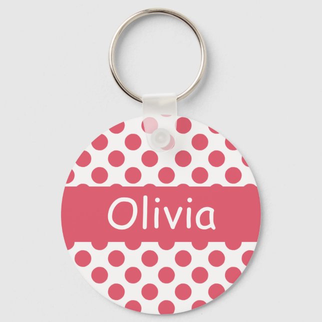Personalisierter Name Pink Polka Dots Schlüsselanh Schlüsselanhänger (Vorderseite)