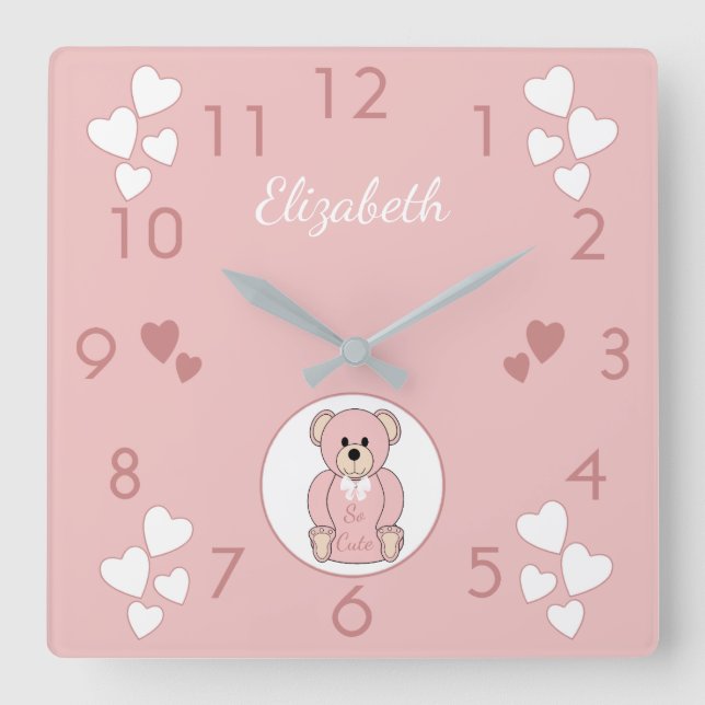 Personalisierter Name Pink Teddy Bear Baby Quadratische Wanduhr (Vorderseite)