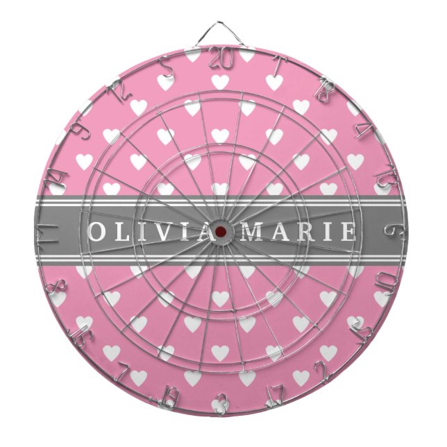 Personalisierter Name Pink White Heart Muster Dartscheibe (vorne)