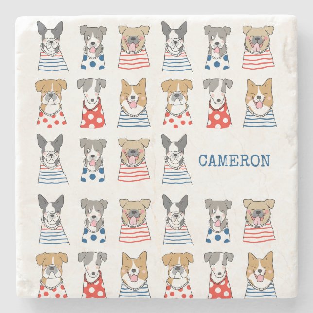 Personalisierter Name Playful Hunde Liebeskizze Steinuntersetzer (Vorderseite)