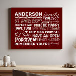 Personalisierter Name Positiver Maroon Künstlicher Leinwanddruck<br><div class="desc">Erleben Sie mit diesem personalisierten Leinwand-Druck eine warme und einladende Atmosphäre auf Ihrer Zuhause. Mit einem modernen Design mit herzzerwärmenden Familienregeln und Platz, um Ihren Familiennamen in weißem Text zu ergänzen, ist diese Wandkunst eine schöne Art, Ihre einzigartige Bindung zu feiern. Eine perfekte Ergänzung zu Ihrem Wohnzimmer, Ihrer Küche oder...</div>