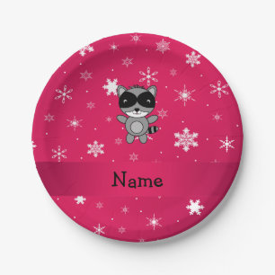 Personalisierter Name Raccoon rosa Schneeflocken Pappteller