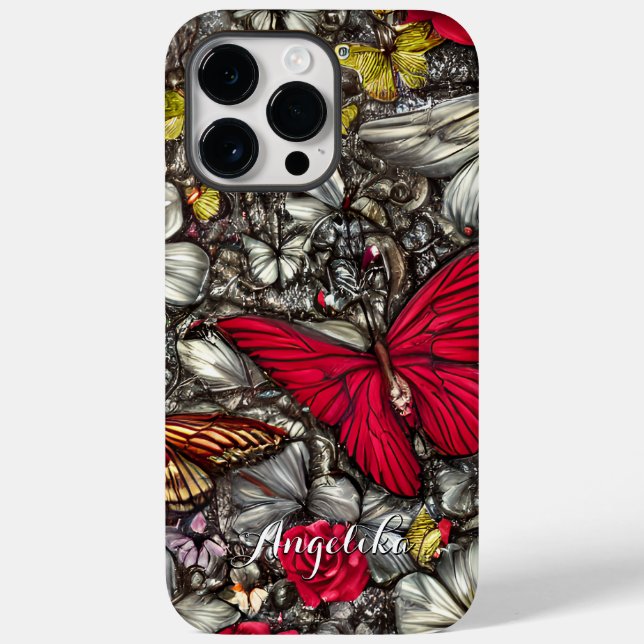 Personalisierter Name: Red and Black Butterfly Case-Mate iPhone Hülle (Rückseite)