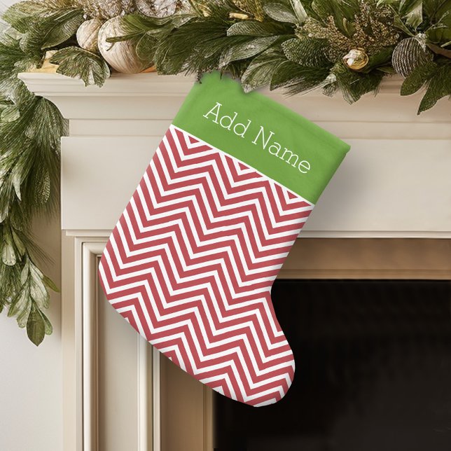 Personalisierter Name: Red and White Chevrons Großer Weihnachtsstrumpf (Personalized Christmas Stocking)