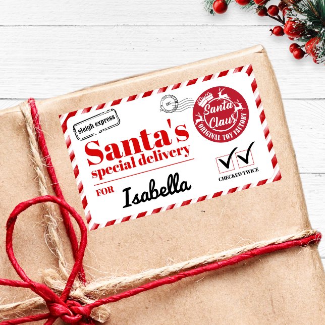 Personalisierter Name Red Bold Santas Sonderliefer Rechteckiger Aufkleber (Personalized kids Name Red white modern Bold Santas Special Delivery stamps postage label sticker)