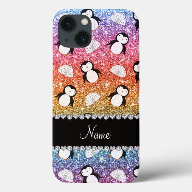 Personalisierter Name Regenbogen Glitzer Pinguine  Case-Mate iPhone Hülle (Rückseite)