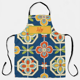 Personalisierter Name Retro-Blumenfliese Navyblau Schürze