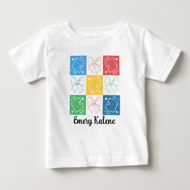 Personalisierter Name Retro Checked Autismus Aware Baby T-shirt (Vorderseite)