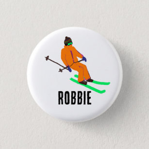 Personalisierter Name Retro Orange Skier Skifahren Button
