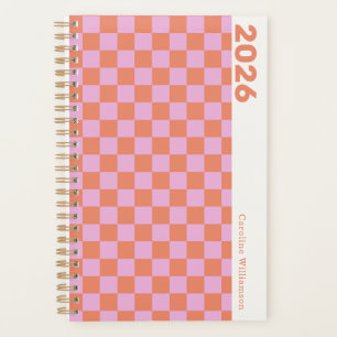 Personalisierter Name Retro Rosa Orange Schachbret Planer