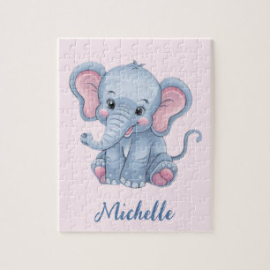 Personalisierter Name Rosa Blauer Elefant Mädchen Puzzle