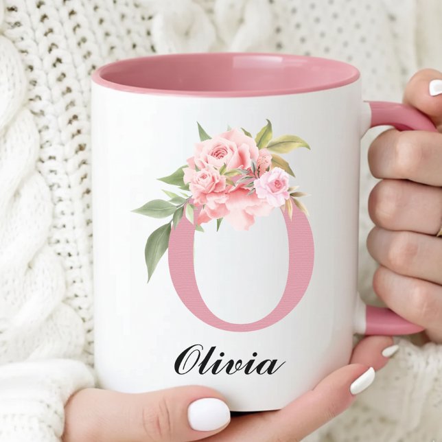 Personalisierter Name Rosa Blumen Danke Tasse Gesc (Custom Rose Floral Mug Bridesmaid Proposal Gift for Her, Floral Monogram Mug Thank You Gift for Her)