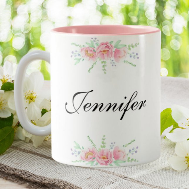 Personalisierter Name Rosa Blumenkaffee Zweifarbige Tasse (Von Creator hochgeladen)