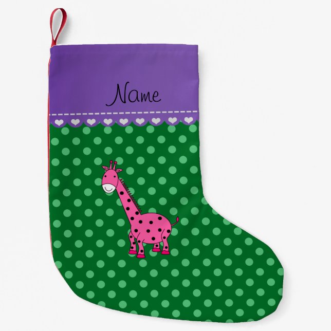 Personalisierter Name Rosa Giraffe Grüne Polka Pun Kleiner Weihnachtsstrumpf (Vorderseite)