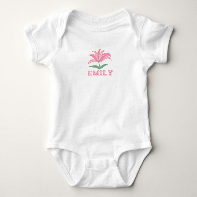 Personalisierter Name Rosa Lilie Blume Baby Bodysu Strampler (Vorderseite)