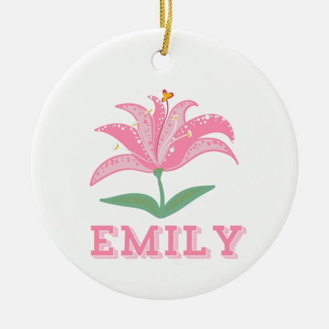 Personalisierter Name Rosa Lilie Blume Keramik Ornament (Vorne)