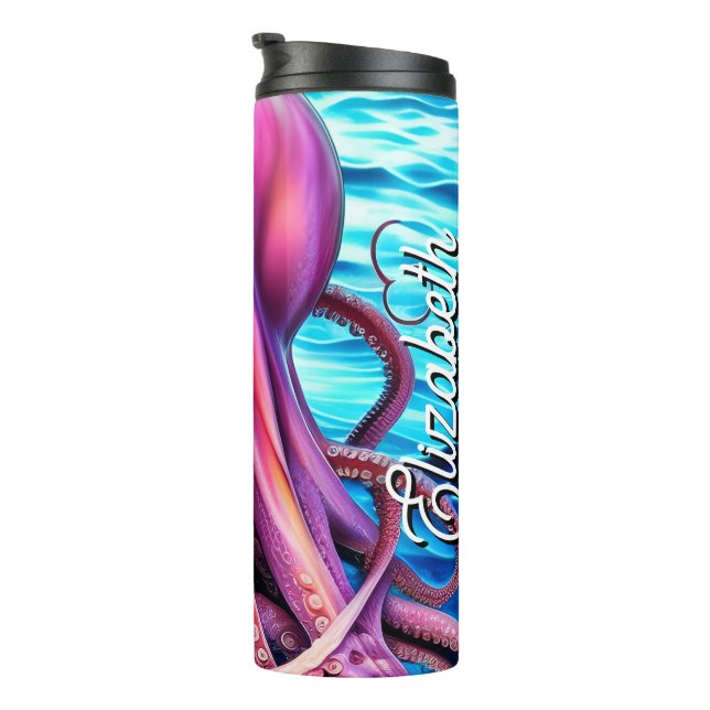 Personalisierter Name Rosa Octopus Blaue Ozeanwell Thermosbecher (Nach rechts gedreht)