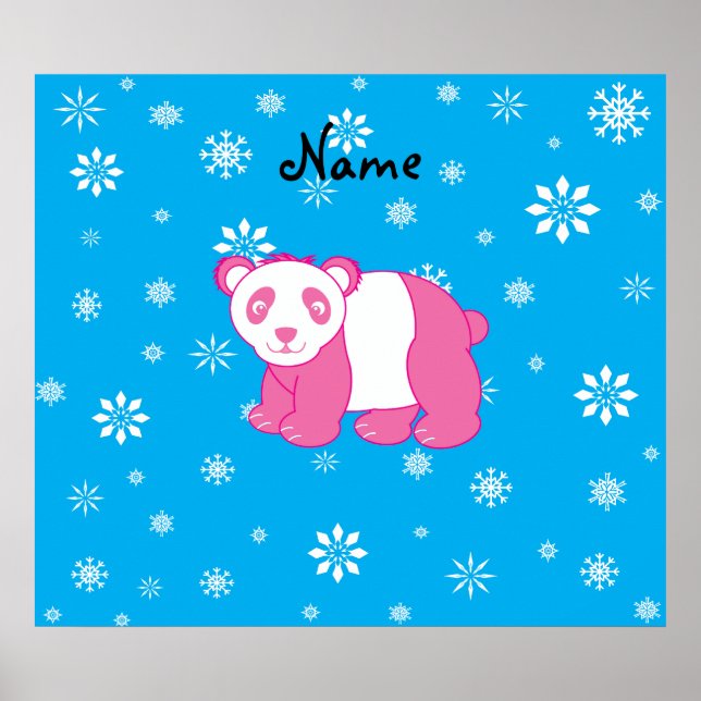 Personalisierter Name Rosa panda blauer Schneefloc Poster (Vorne)