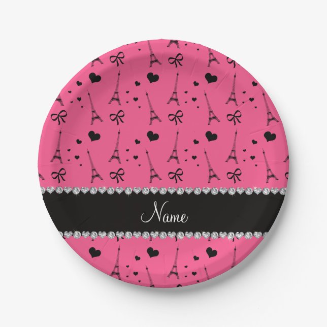 Personalisierter Name Rosa Pariseiffturm Pappteller (Vorderseite)