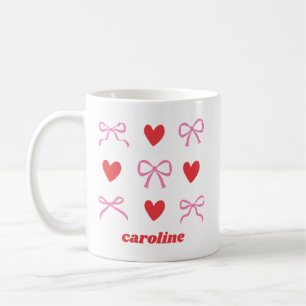 Personalisierter Name Rosa rotes Coquette Bow Herz Kaffeetasse