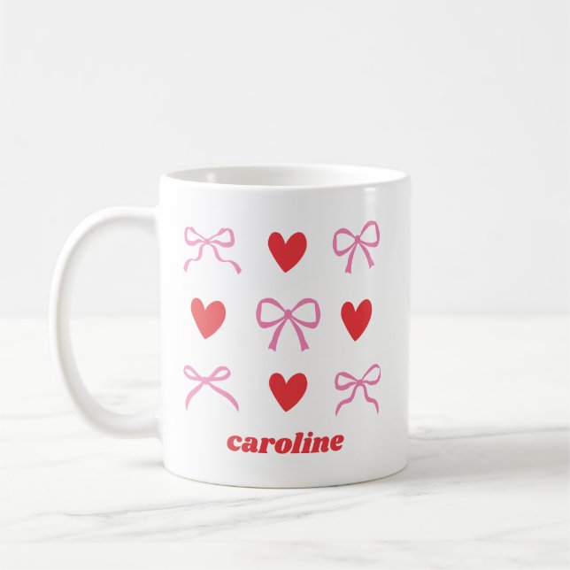Personalisierter Name Rosa rotes Coquette Bow Herz Kaffeetasse (Links)