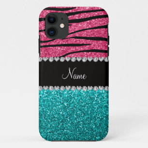 Personalisierter Name Rosa zebra türkis Glitzer iPhone 11 Hülle