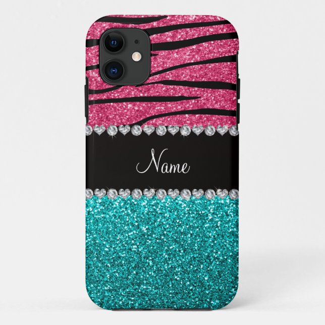 Personalisierter Name Rosa zebra türkis Glitzer Case-Mate iPhone Hülle (Rückseite)