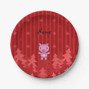 Personalisierter Name Rote Weihnachtsbäume Pappteller
