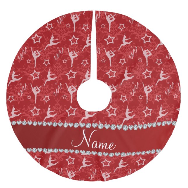 Personalisierter Name Rotes Damastgymnastik Polyester Weihnachtsbaumdecke (Vorderseite)