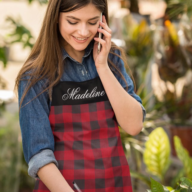 Personalisierter Name Rustic Red Buffalo Kariert Schürze (Customize to change text size or text style.)